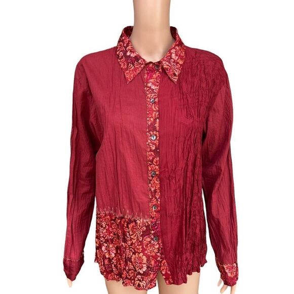 Chico’s red crinkled button down blouse cotton/silk blend size 2 or M - Picture 1 of 8